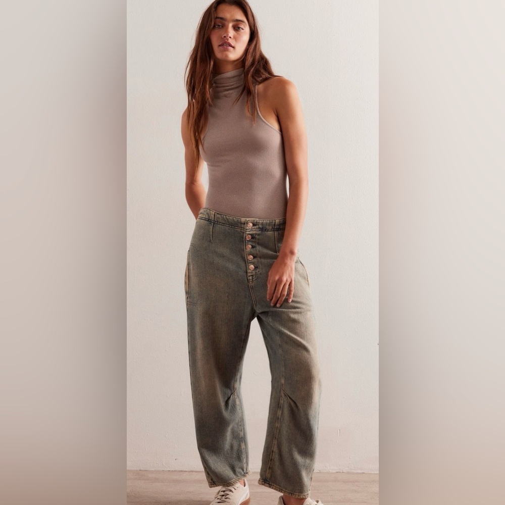 Free People We The Free Womens 32 Osaka Jeans Spearmint Button Fly Relaxed